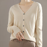 Solène™ | Button-Front Ribbed-Cuff V-Neck Cardigan Sweater