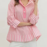 Vertical Striped V-Neck Pearl Button Blouse