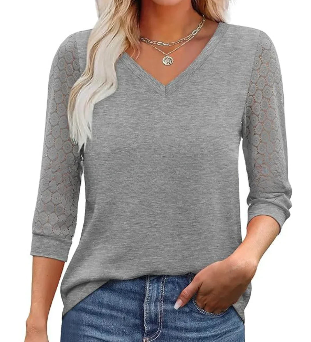 Lace-Sleeve Casual V-Neck Blouse