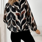 Artistic Leaf Print Pleated Long-Sleeve Blouse