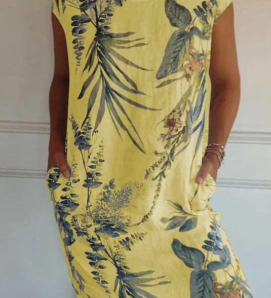 Breathable Tropical Print Side-Pocket Shift Dress