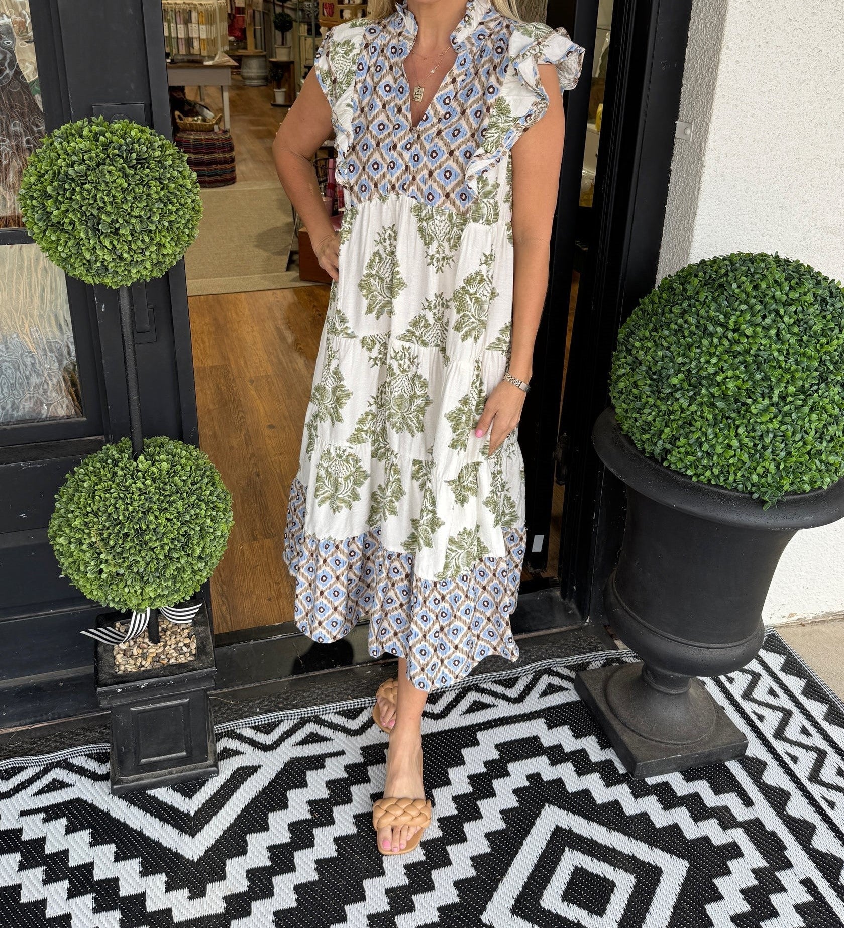 Artistic Floral Print Ruffle Sleeve Maxi Dress