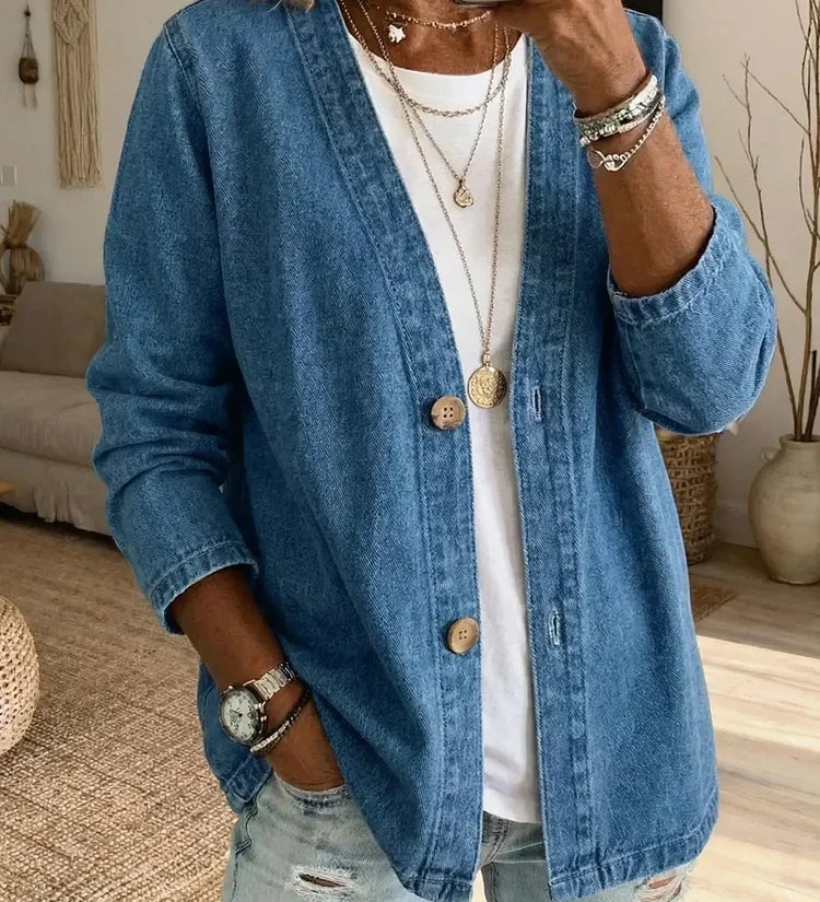Button-Front Casual Oversized Denim Jacket
