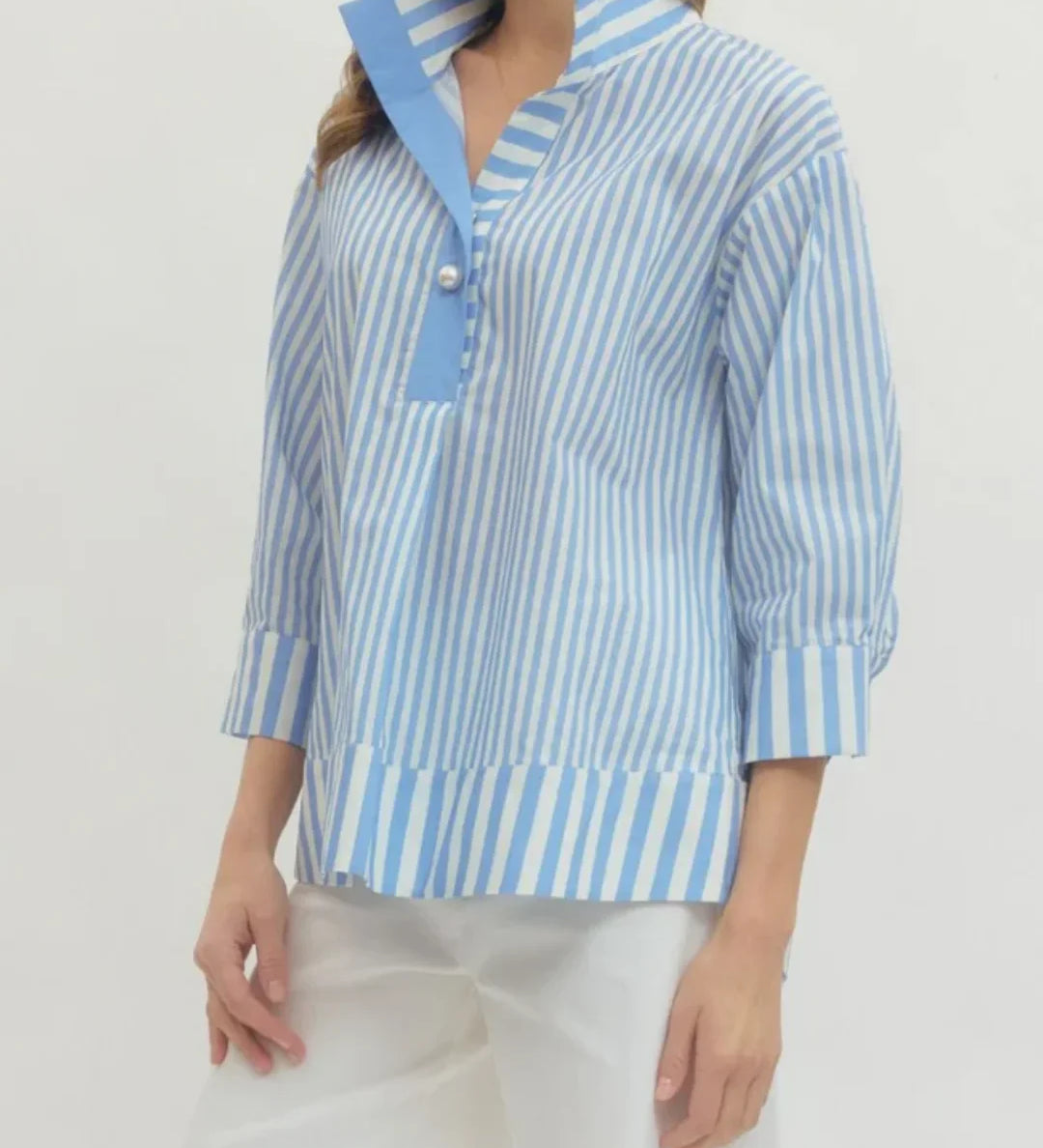 Vertical Striped V-Neck Pearl Button Blouse