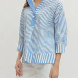 Vertical Striped V-Neck Pearl Button Blouse