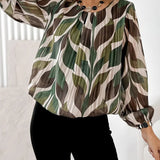 Artistic Leaf Print Pleated Long-Sleeve Blouse