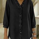 Ruffle-Trim Casual Denim Shirt Blouse