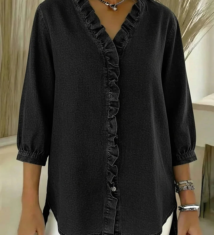 Ruffle-Trim Casual Denim Shirt Blouse