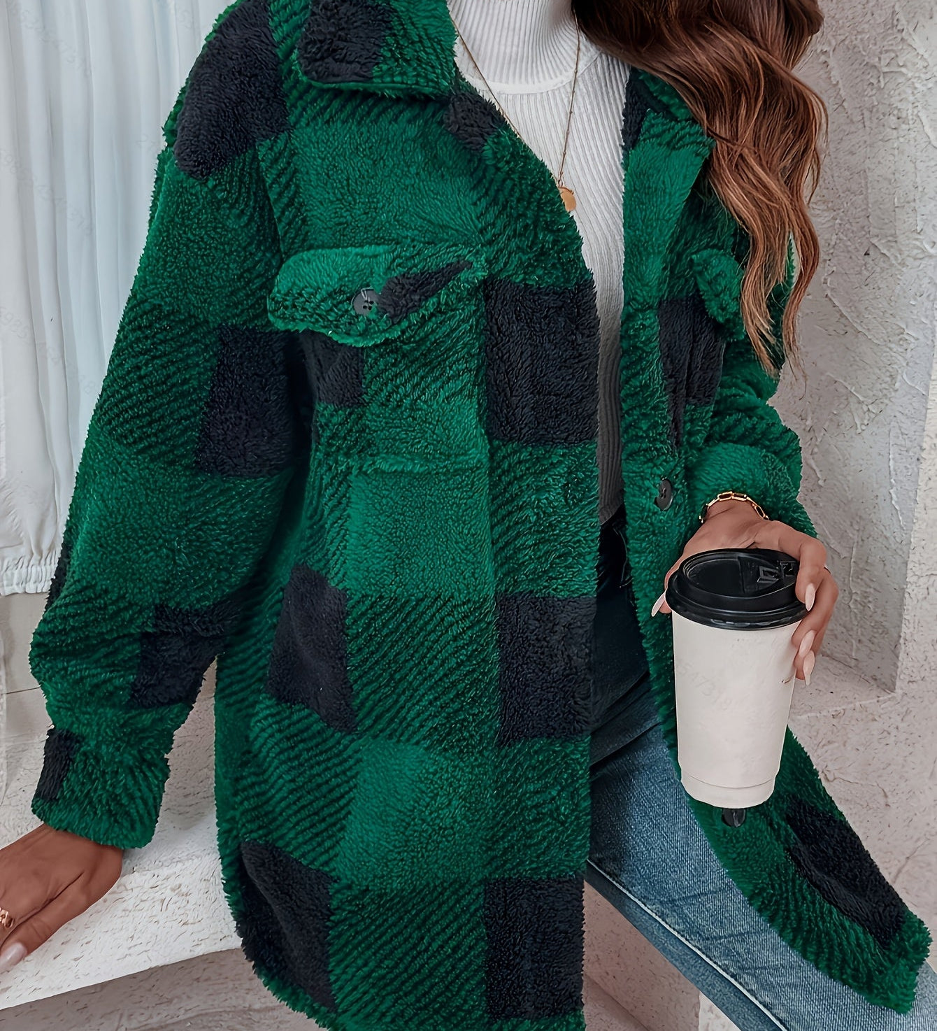 Lilou™ | Fleece Plaid Button-Up Shacket Jacket