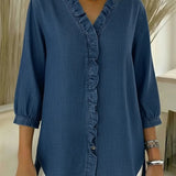Ruffle-Trim Casual Denim Shirt Blouse