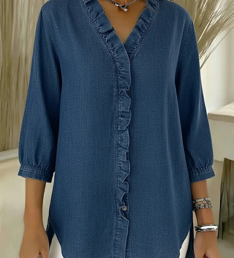 Ruffle-Trim Casual Denim Shirt Blouse