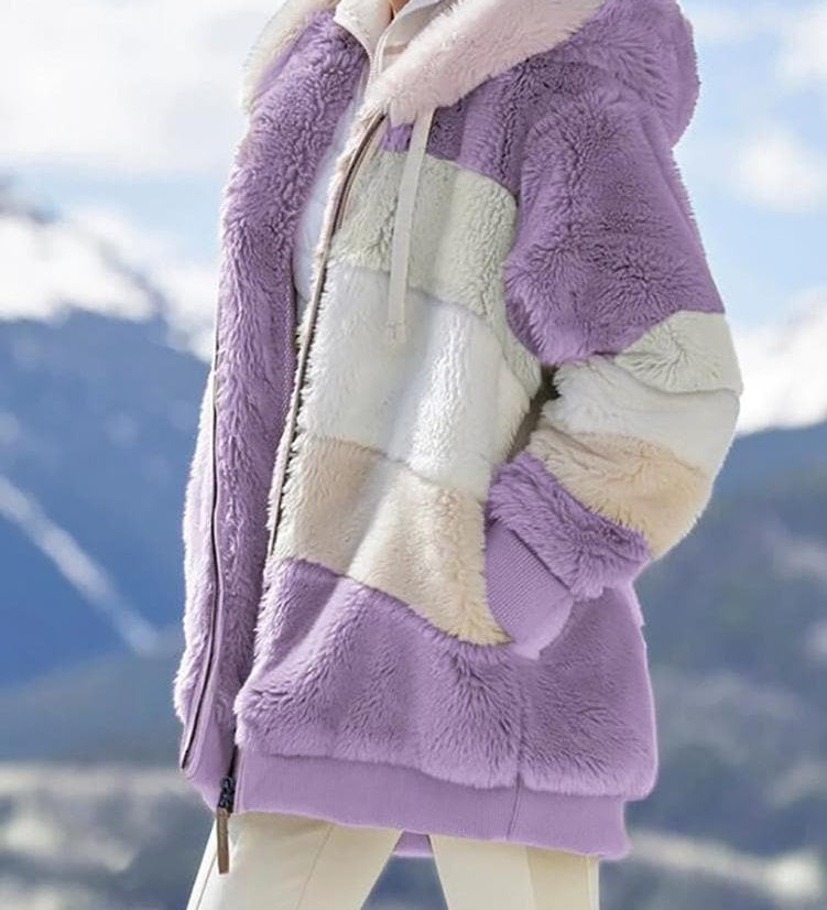 Oversized Color Block Fuzzy Hooded Jacket