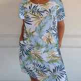 Breathable Tropical Print Side-Pocket Shift Dress