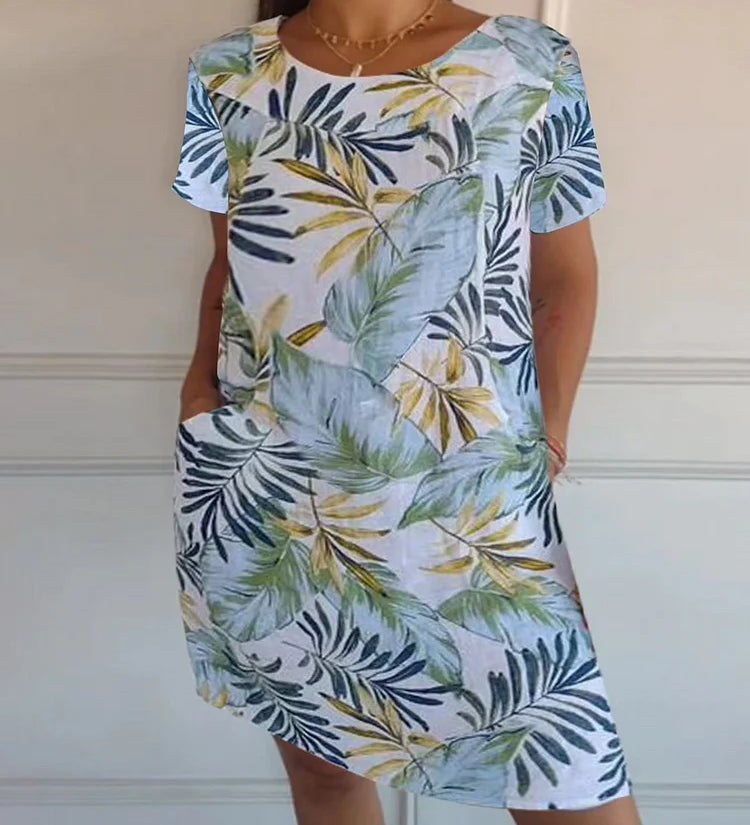 Breathable Tropical Print Side-Pocket Shift Dress