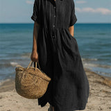 Pleated Boho Linen Button Maxi Dress