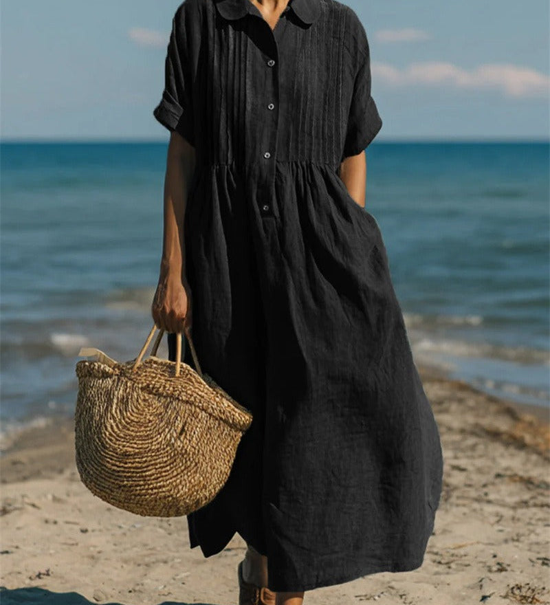 Pleated Boho Linen Button Maxi Dress