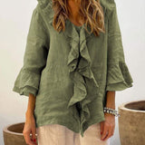 Ruffle-Front Linen Boho Blouse