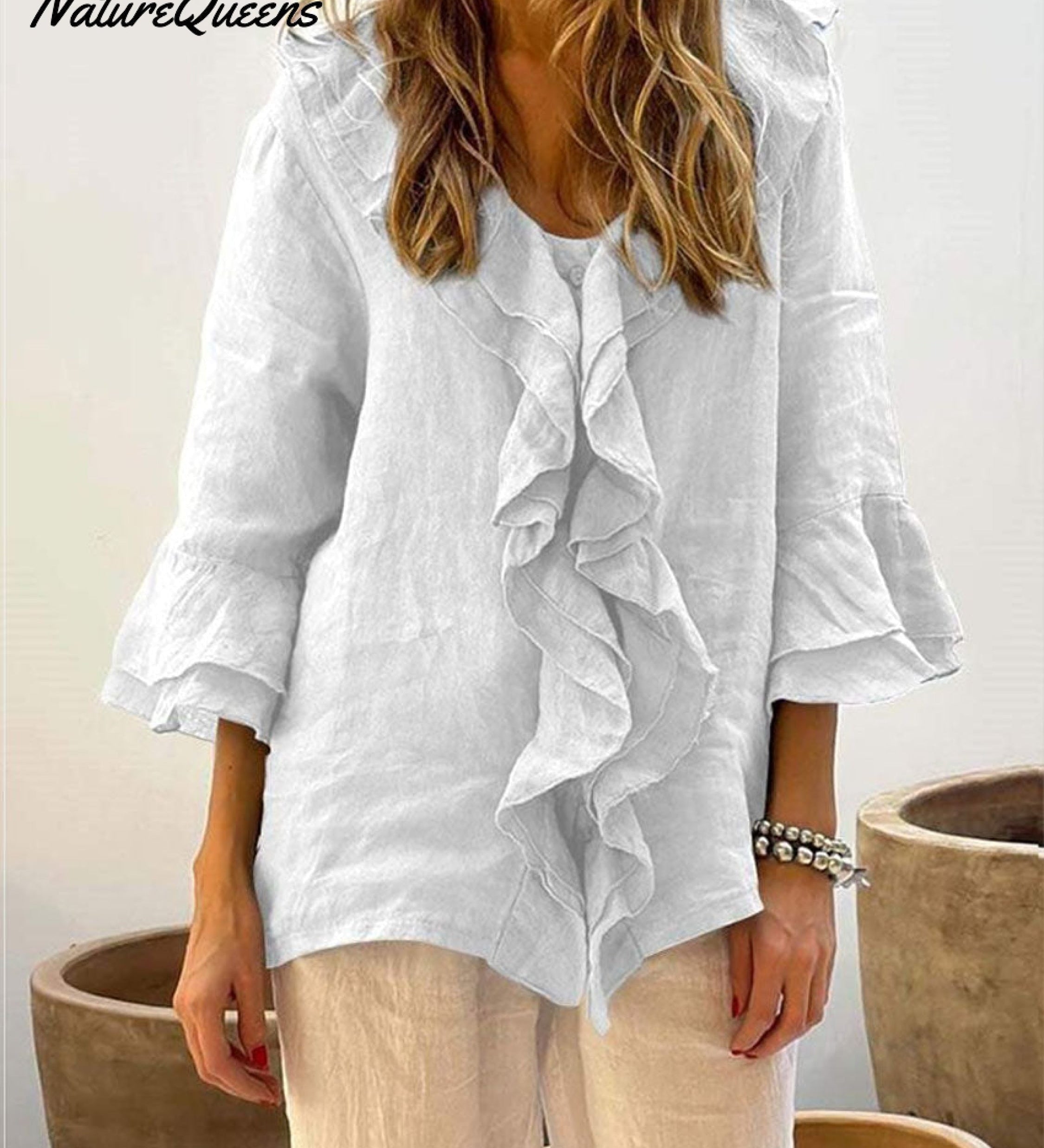Ruffle-Front Linen Boho Blouse
