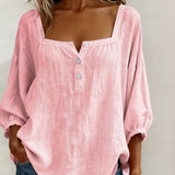 Solid Button-Neck Relaxed Blouse