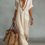 Embroidered Boho Linen Shirt Maxi Dress