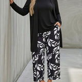 Leaf Print Three-Piece Cardigan Set