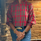 Classic Polished Ruffle-Collar Plaid Blouse