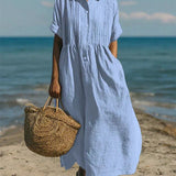 Pleated Boho Linen Button Maxi Dress