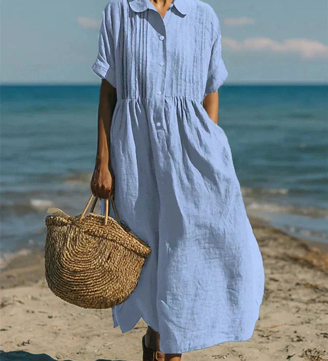 Pleated Boho Linen Button Maxi Dress