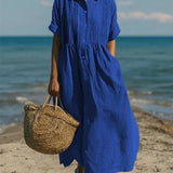 Pleated Boho Linen Button Maxi Dress