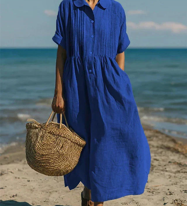 Pleated Boho Linen Button Maxi Dress