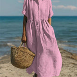 Pleated Boho Linen Button Maxi Dress