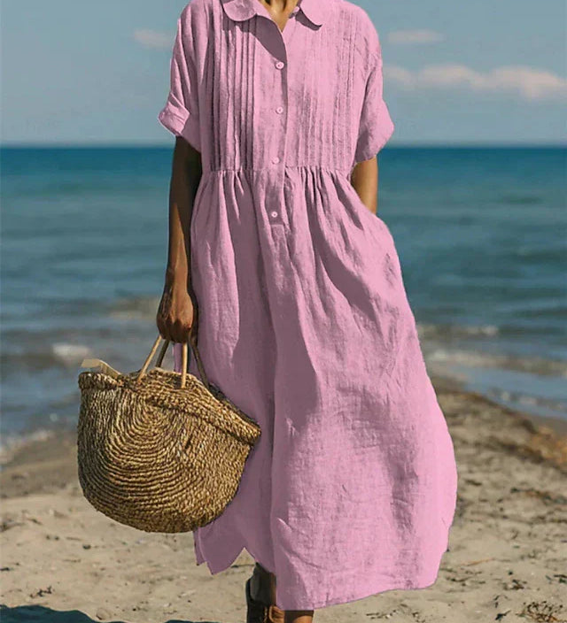 Pleated Boho Linen Button Maxi Dress