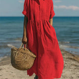 Pleated Boho Linen Button Maxi Dress