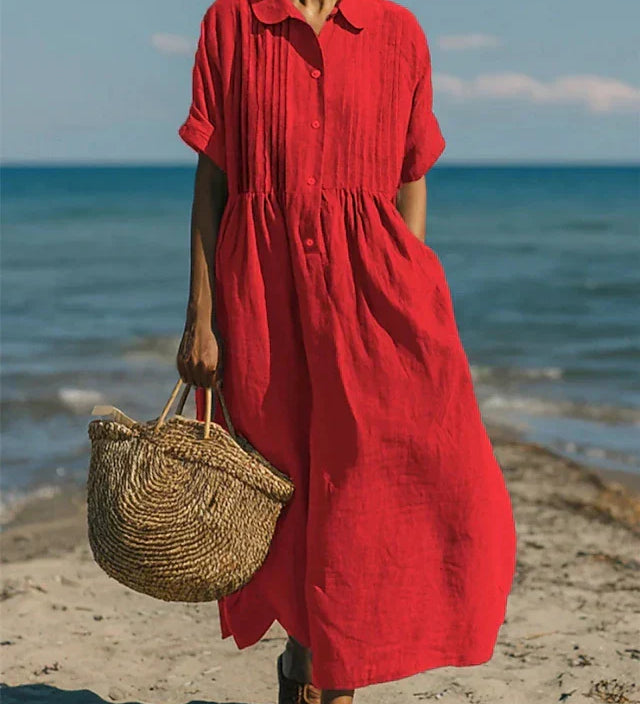 Pleated Boho Linen Button Maxi Dress
