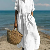 Pleated Boho Linen Button Maxi Dress