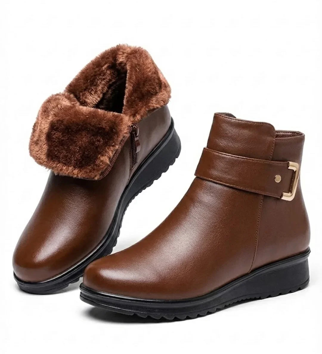 Avril™ | Side-zip buckle-strap plush-lined ankle boots