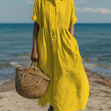 Pleated Boho Linen Button Maxi Dress