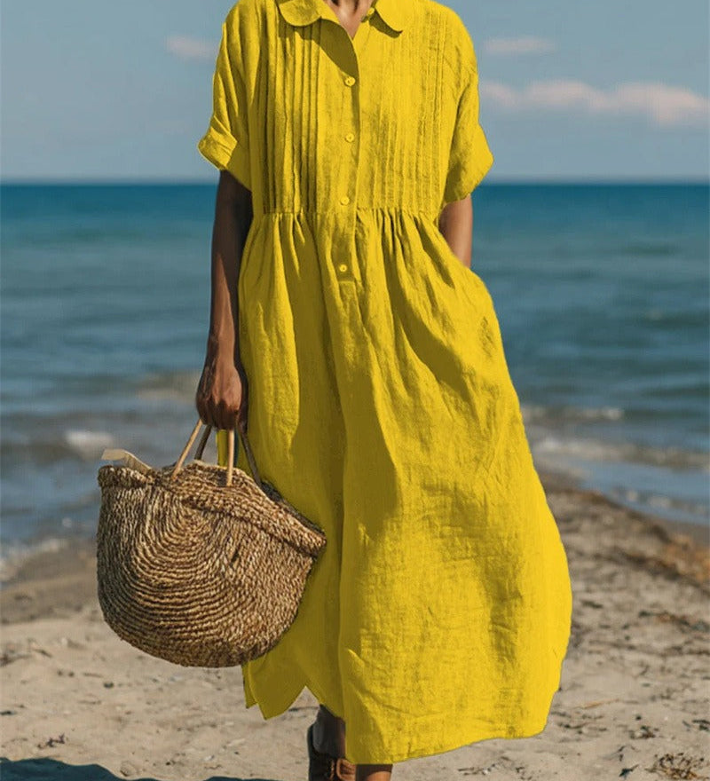Pleated Boho Linen Button Maxi Dress