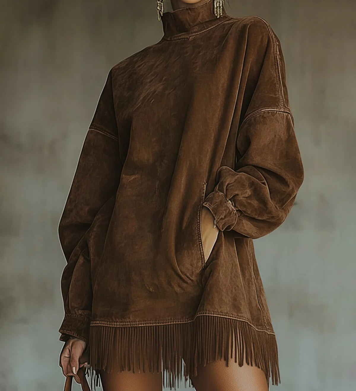 Francine™ | Washed Fringe-Hem Mock-Neck Sweatshirt Dress