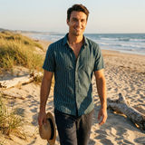 Carlos | Short Sleeve Men's Shirt with Cuban Collar and Vertical Stripes | Casual