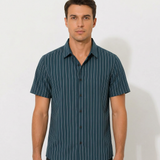 Carlos | Short Sleeve Men's Shirt with Cuban Collar and Vertical Stripes | Casual