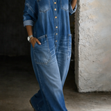 Cold-Shoulder Casual Denim Wide-Leg Jumpsuit