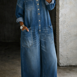 Cold-Shoulder Casual Denim Wide-Leg Jumpsuit