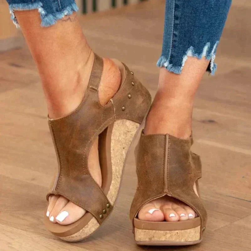 Orthopedic Leather Women's Sandal with Wedge Heel and Comfort Footbed