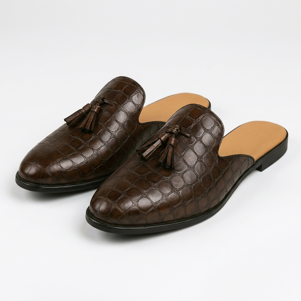 Diego | Elegant Men's Mule Loafers with Decorative Tassels and Textured Engraving