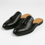Diego | Elegant Men's Mule Loafers with Decorative Tassels and Textured Engraving
