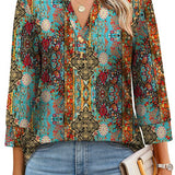 Floral Print Boho V-Neck Button Blouse