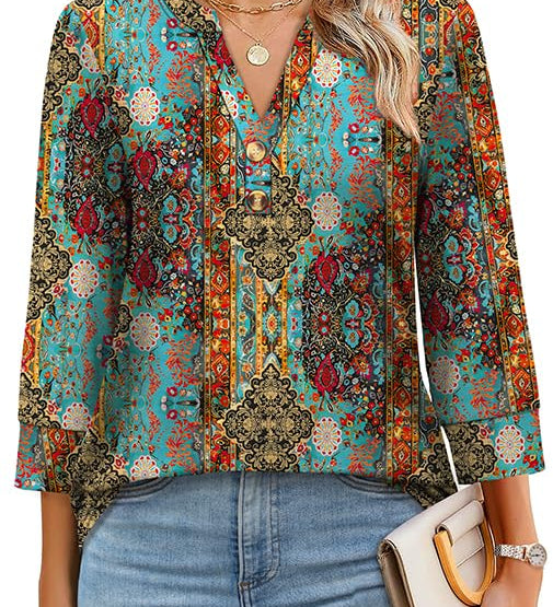 Floral Print Boho V-Neck Button Blouse