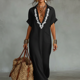 Embroidered Boho Linen Shirt Maxi Dress