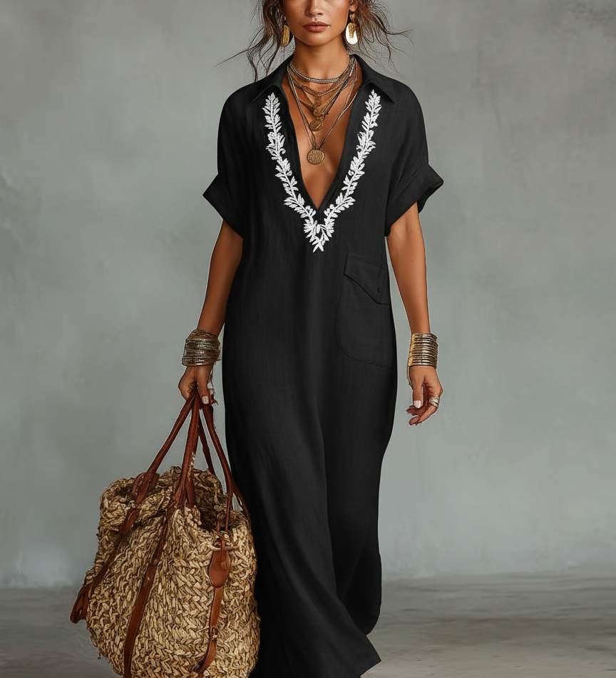 Embroidered Boho Linen Shirt Maxi Dress